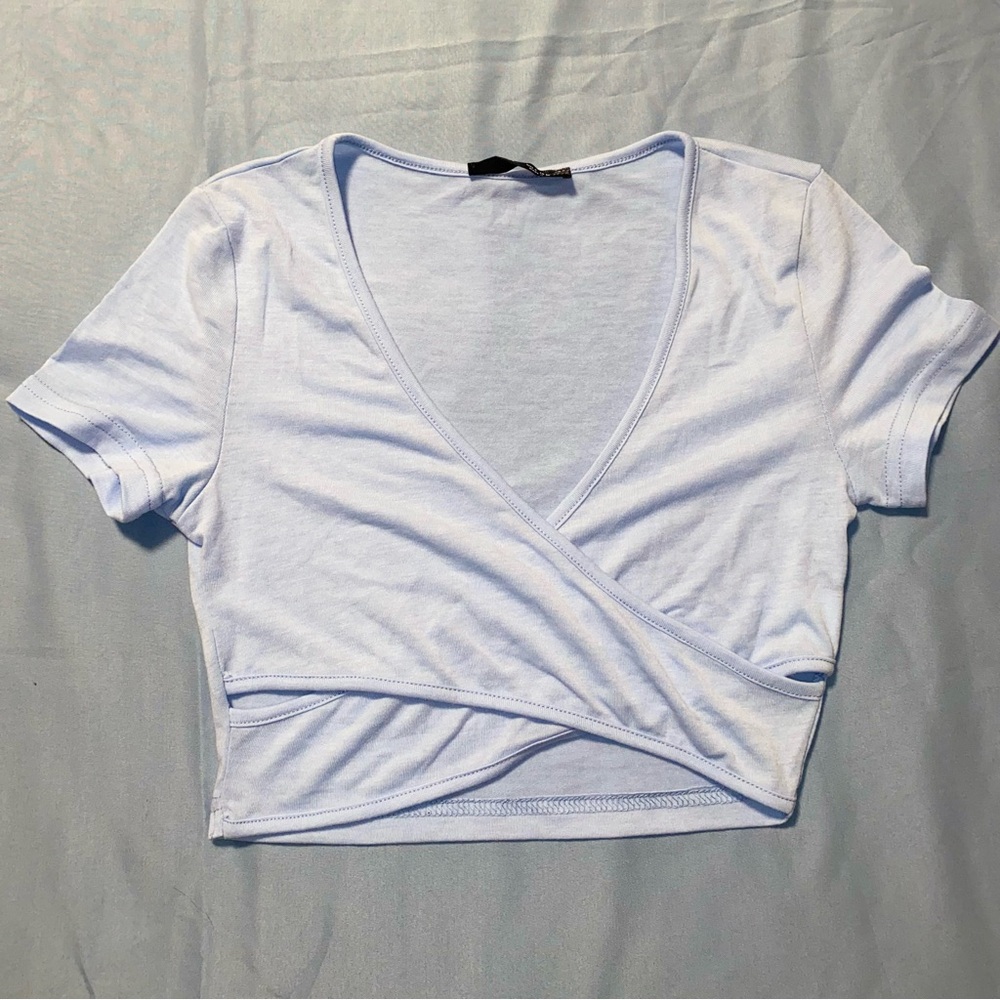 SHEIN Light Blue Wrap Crop Blouse